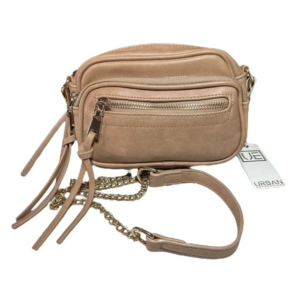 Urban Expressions Vegan Leather Jade Crossbody Purse Bag Tan w/ Gold Accents NWT